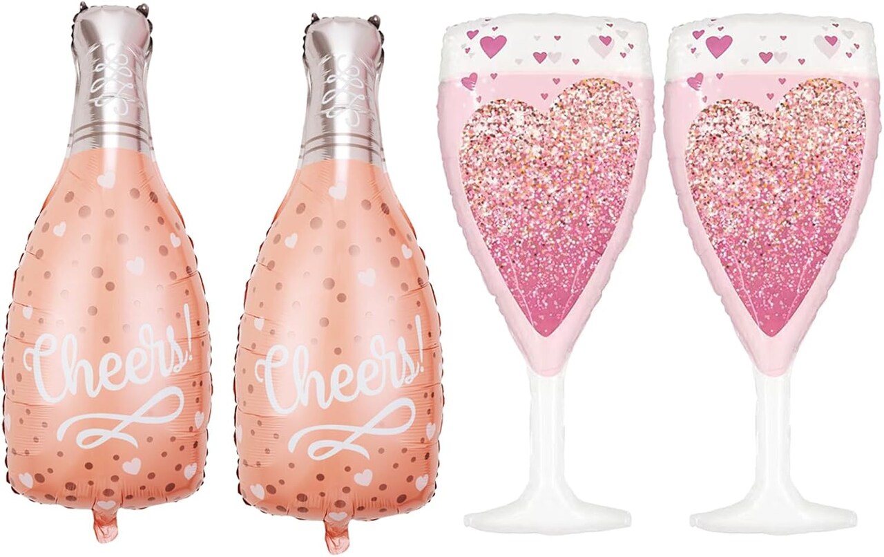 4PCS Pink Champagne Bottle & Glass Foil Mylar Balloons – Birthday, Wedding, Anniversary Party Decorations (Pink)